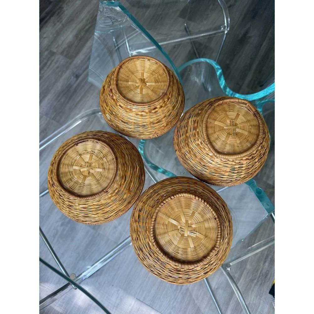 Set of 4 Vintage Rattan Wicker Snack Salad Bowls with Plastic Inserts Tiki Boho
